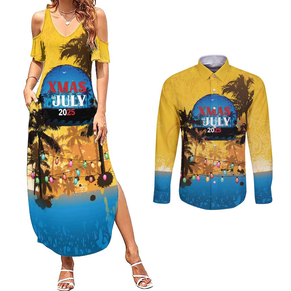 Personalized Xmas in July 2025 Couples Matching Summer Maxi Dress and Long Sleeve Button Shirt Caribbean Summer Christmas - Wonder Print Shop