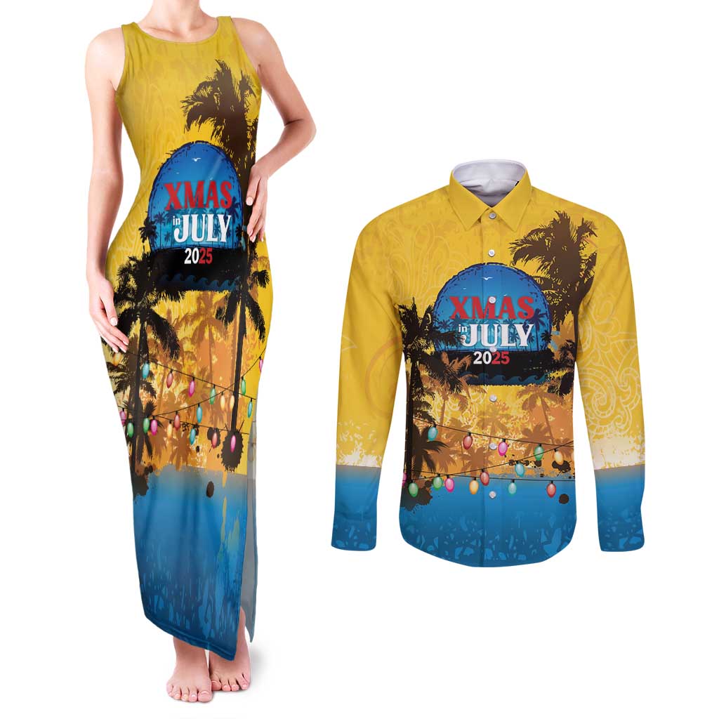 Personalized Xmas in July 2025 Couples Matching Tank Maxi Dress and Long Sleeve Button Shirt Caribbean Summer Christmas - Wonder Print Shop
