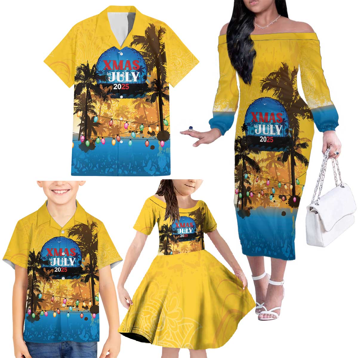 Personalized Xmas in July 2025 Family Matching Off The Shoulder Long Sleeve Dress and Hawaiian Shirt Caribbean Summer Christmas - Wonder Print Shop