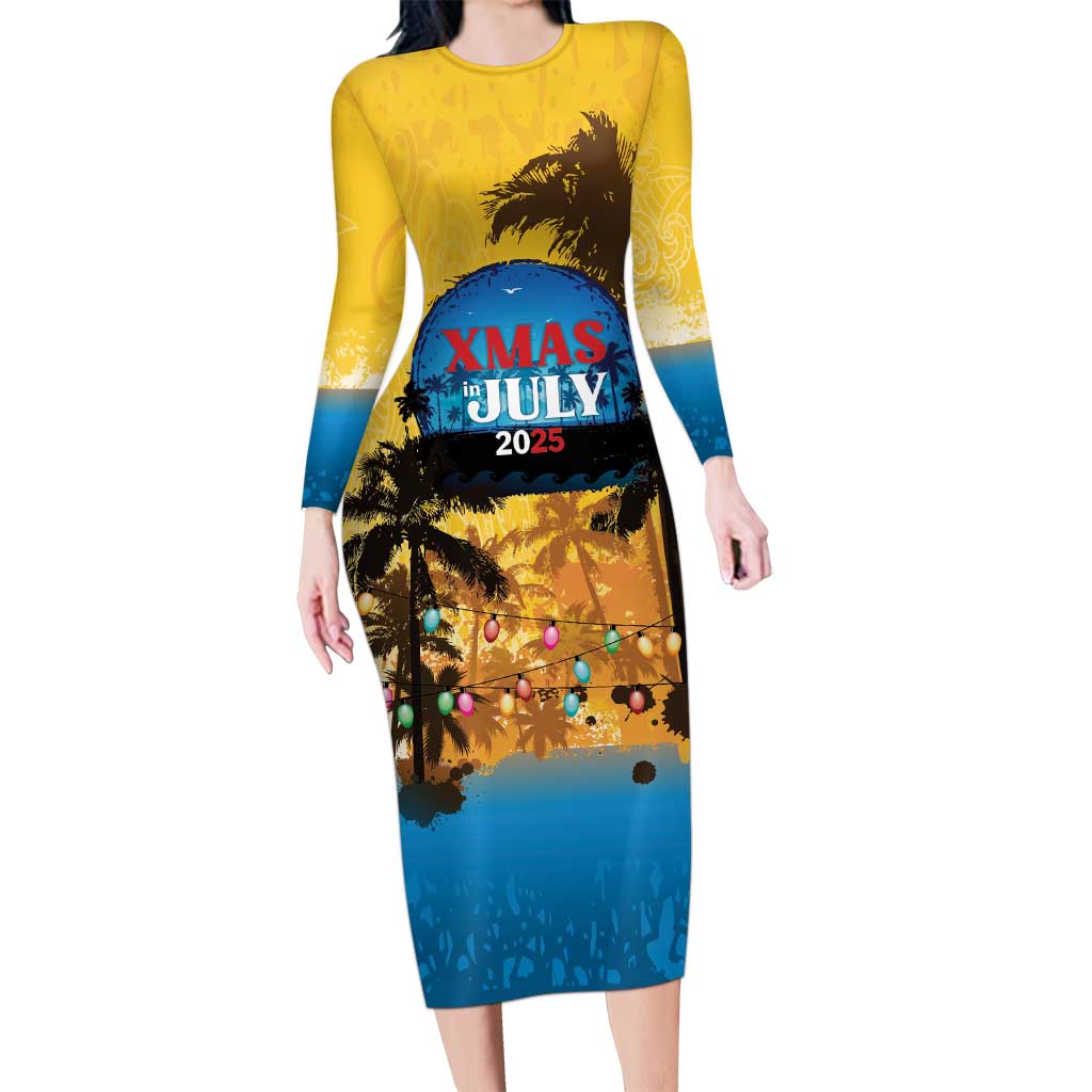 Personalized Xmas in July 2025 Long Sleeve Bodycon Dress Caribbean Summer Christmas - Wonder Print Shop