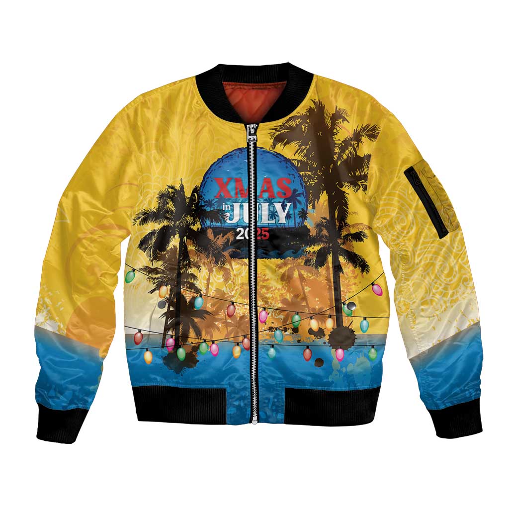 Personalized Xmas in July 2025 Sleeve Zip Bomber Jacket Caribbean Summer Christmas - Wonder Print Shop