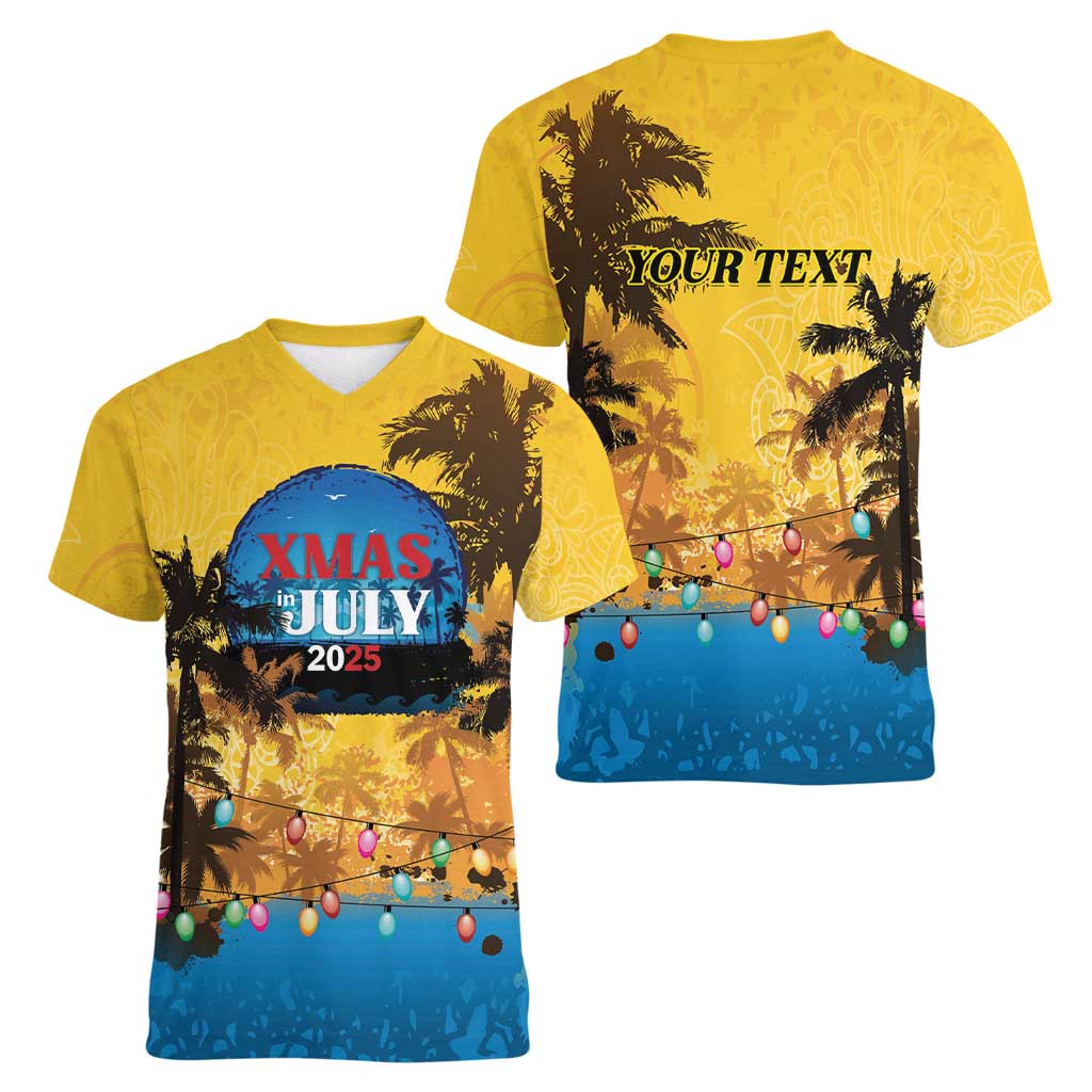 Personalized Xmas in July 2025 Women V-Neck T-Shirt Caribbean Summer Christmas - Wonder Print Shop