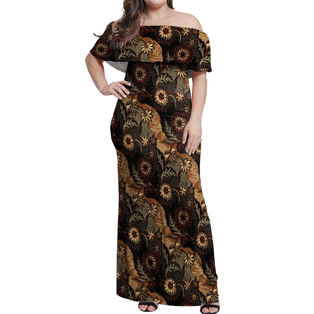 Batik Pedalaman Semen Lereng Style Off Shoulder Maxi Dress Indonesian Traditional Pattern