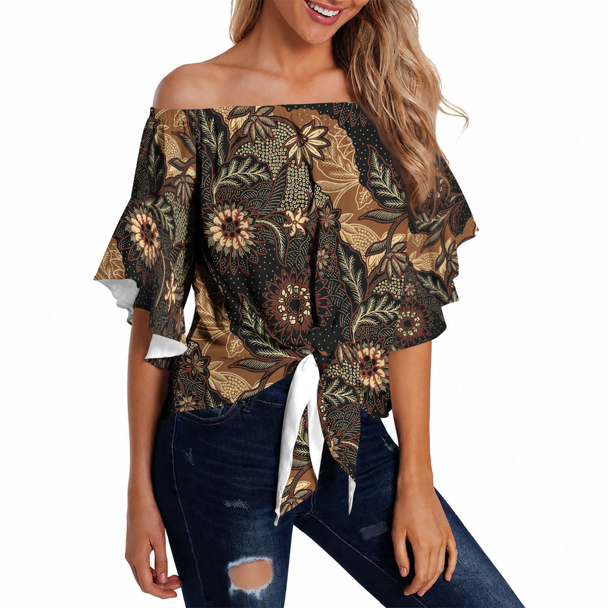 Batik Pedalaman Semen Lereng Style Off Shoulder Wrap Waist Top Indonesian Traditional Pattern