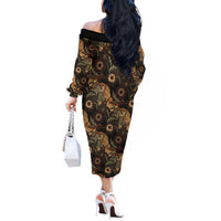 Batik Pedalaman Semen Lereng Style Off The Shoulder Long Sleeve Dress Indonesian Traditional Pattern