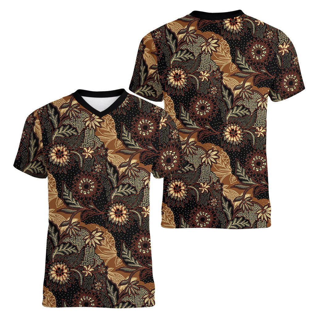 Batik Pedalaman Semen Lereng Style Women V-Neck T-Shirt Indonesian Traditional Pattern