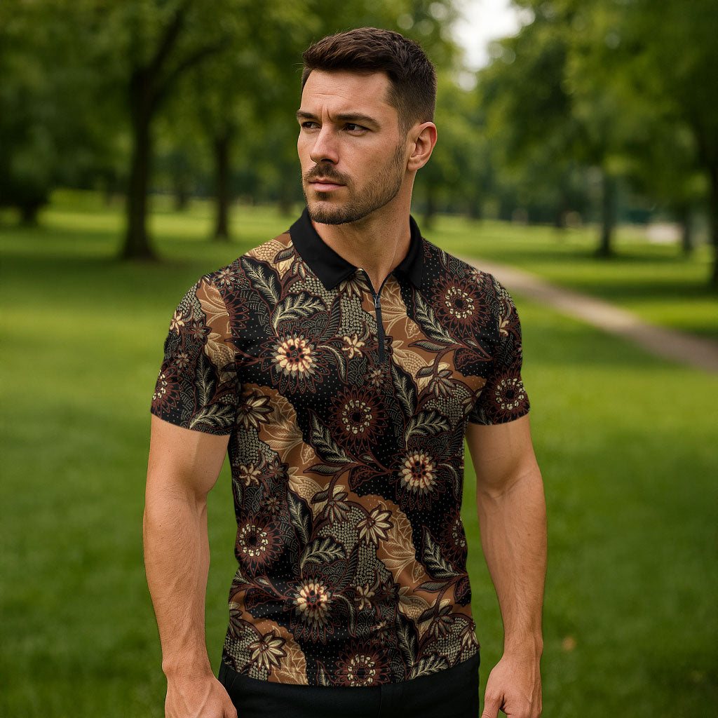 Batik Pedalaman Semen Lereng Style Zipper Polo Shirt Indonesian Traditional Pattern