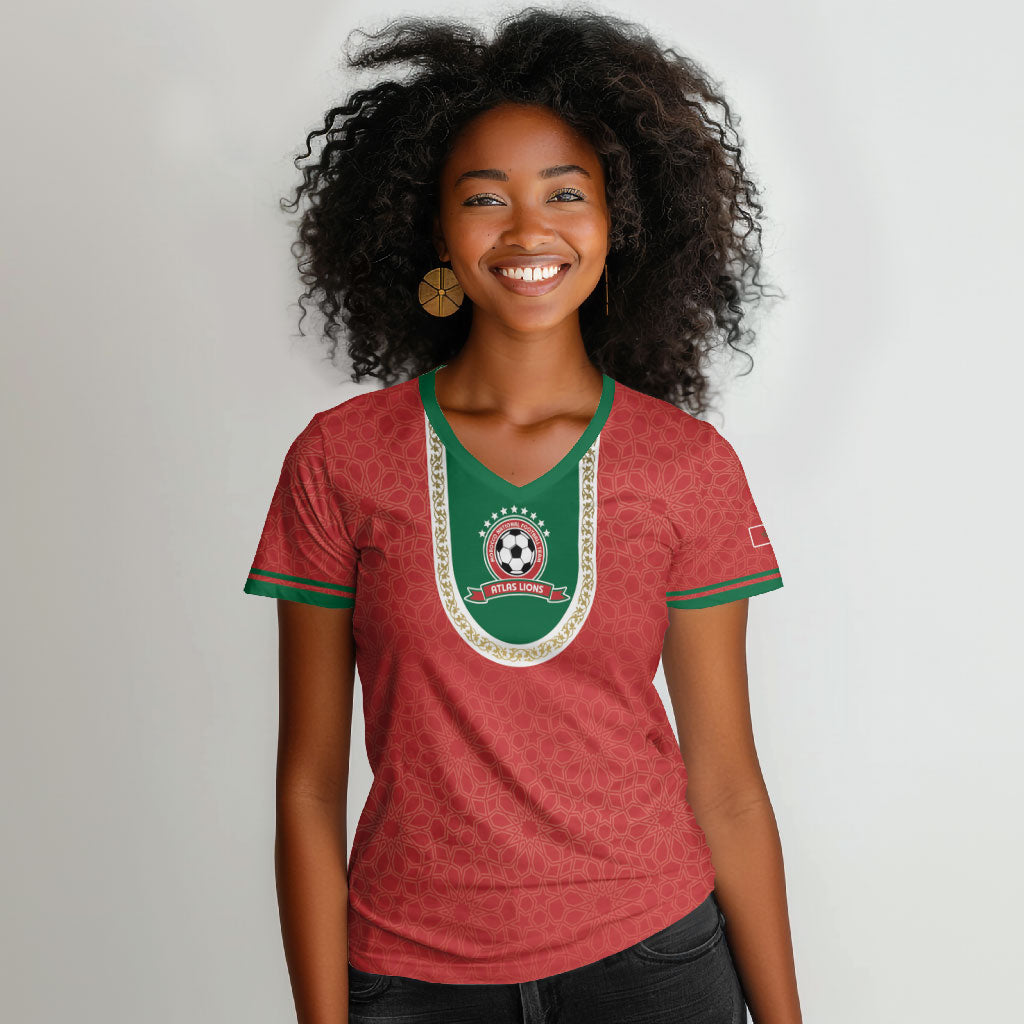 Custom Morocco 2026 World Football Women V-Neck T-Shirt Atlas Lions Go Champions