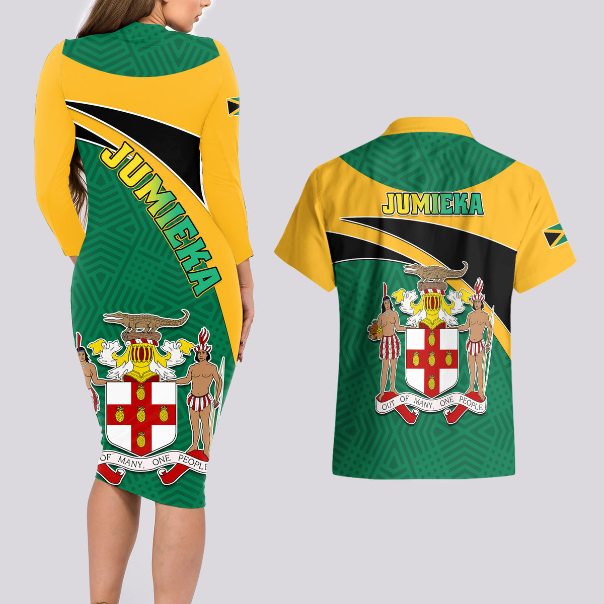 Jamaica Couples Matching Long Sleeve Bodycon Dress and Hawaiian Shirt Jumieka Lion Mix African Pattern - Wonder Print Shop