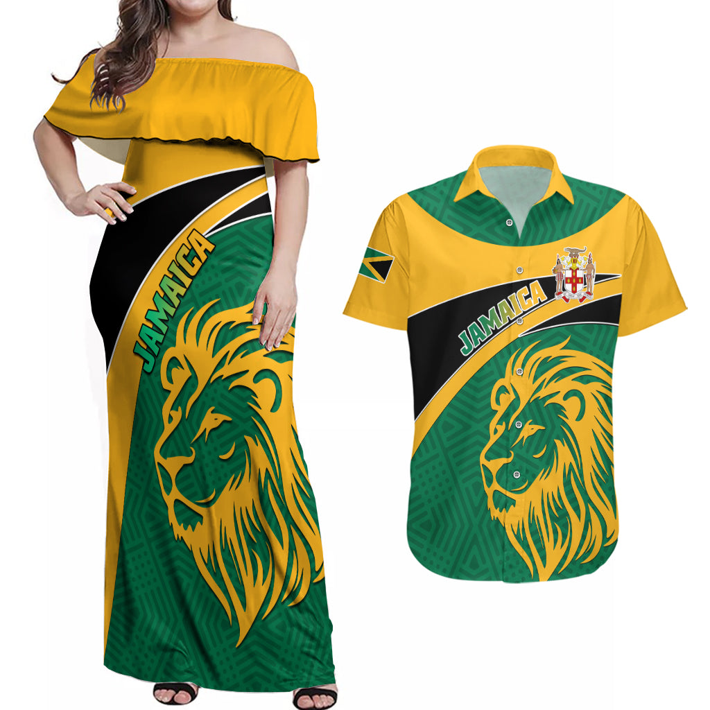 Jamaica Couples Matching Off Shoulder Maxi Dress and Hawaiian Shirt Jumieka Lion Mix African Pattern - Wonder Print Shop
