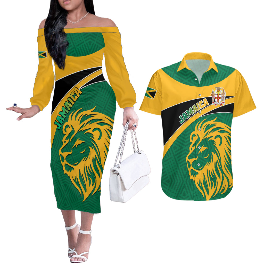 Jamaica Couples Matching Off The Shoulder Long Sleeve Dress and Hawaiian Shirt Jumieka Lion Mix African Pattern - Wonder Print Shop