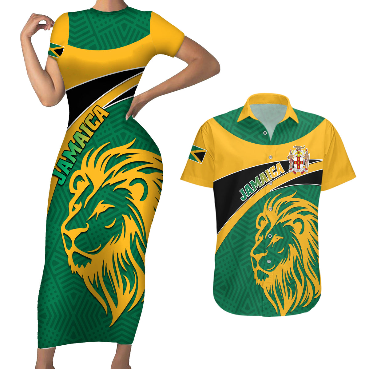 Jamaica Couples Matching Short Sleeve Bodycon Dress and Hawaiian Shirt Jumieka Lion Mix African Pattern - Wonder Print Shop