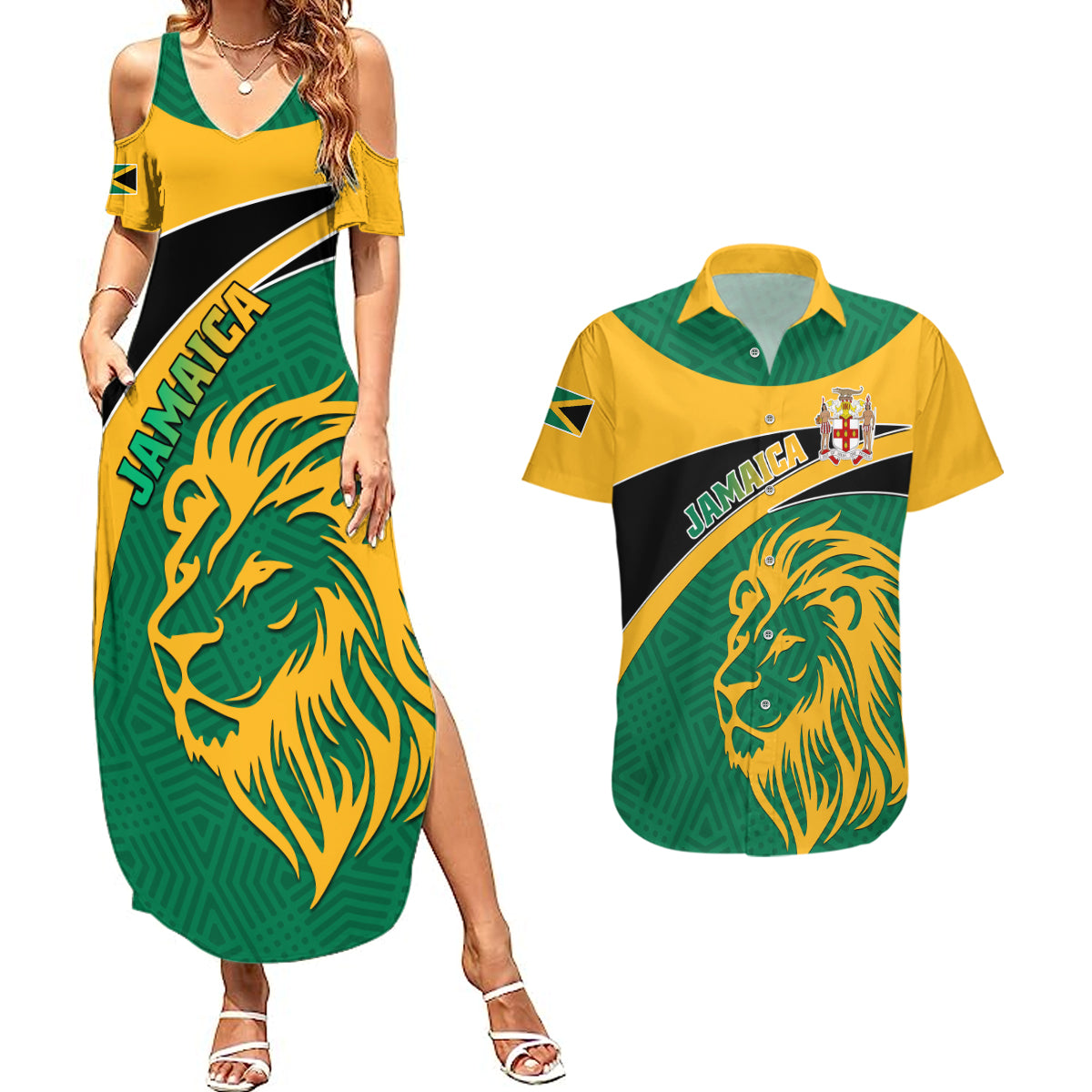 Jamaica Couples Matching Summer Maxi Dress and Hawaiian Shirt Jumieka Lion Mix African Pattern - Wonder Print Shop