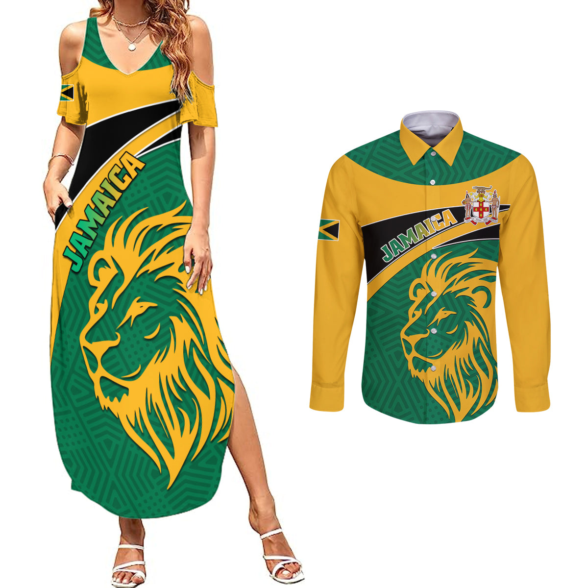 Jamaica Couples Matching Summer Maxi Dress and Long Sleeve Button Shirts Jumieka Lion Mix African Pattern - Wonder Print Shop