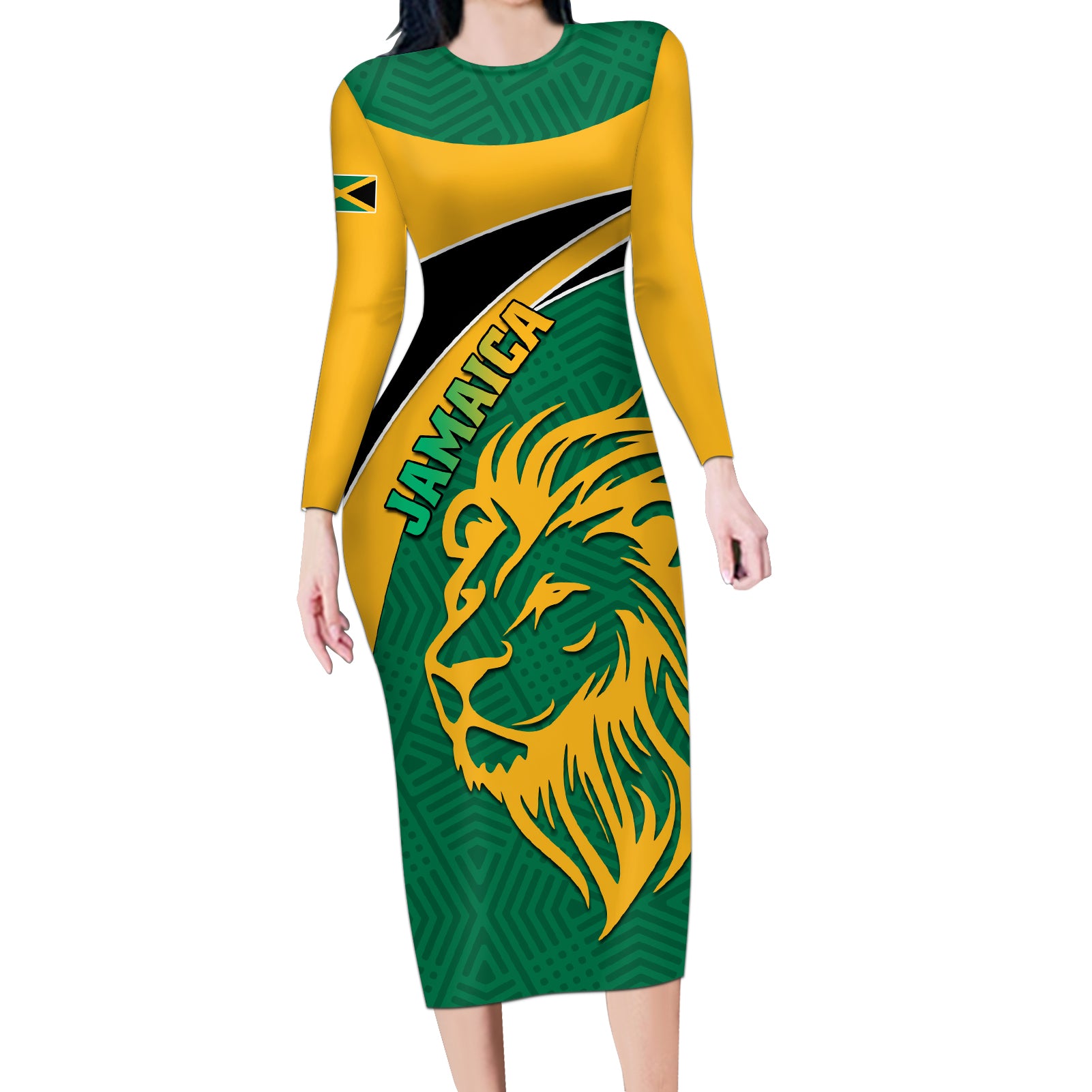 Jamaica Long Sleeve Bodycon Dress Jumieka Lion Mix African Pattern - Wonder Print Shop