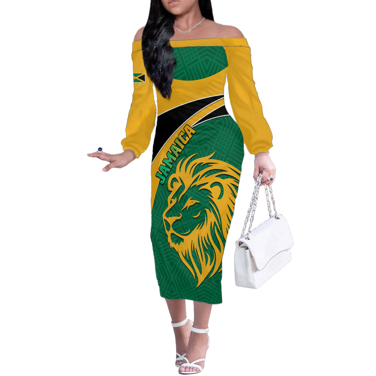 Jamaica Off The Shoulder Long Sleeve Dress Jumieka Lion Mix African Pattern - Wonder Print Shop