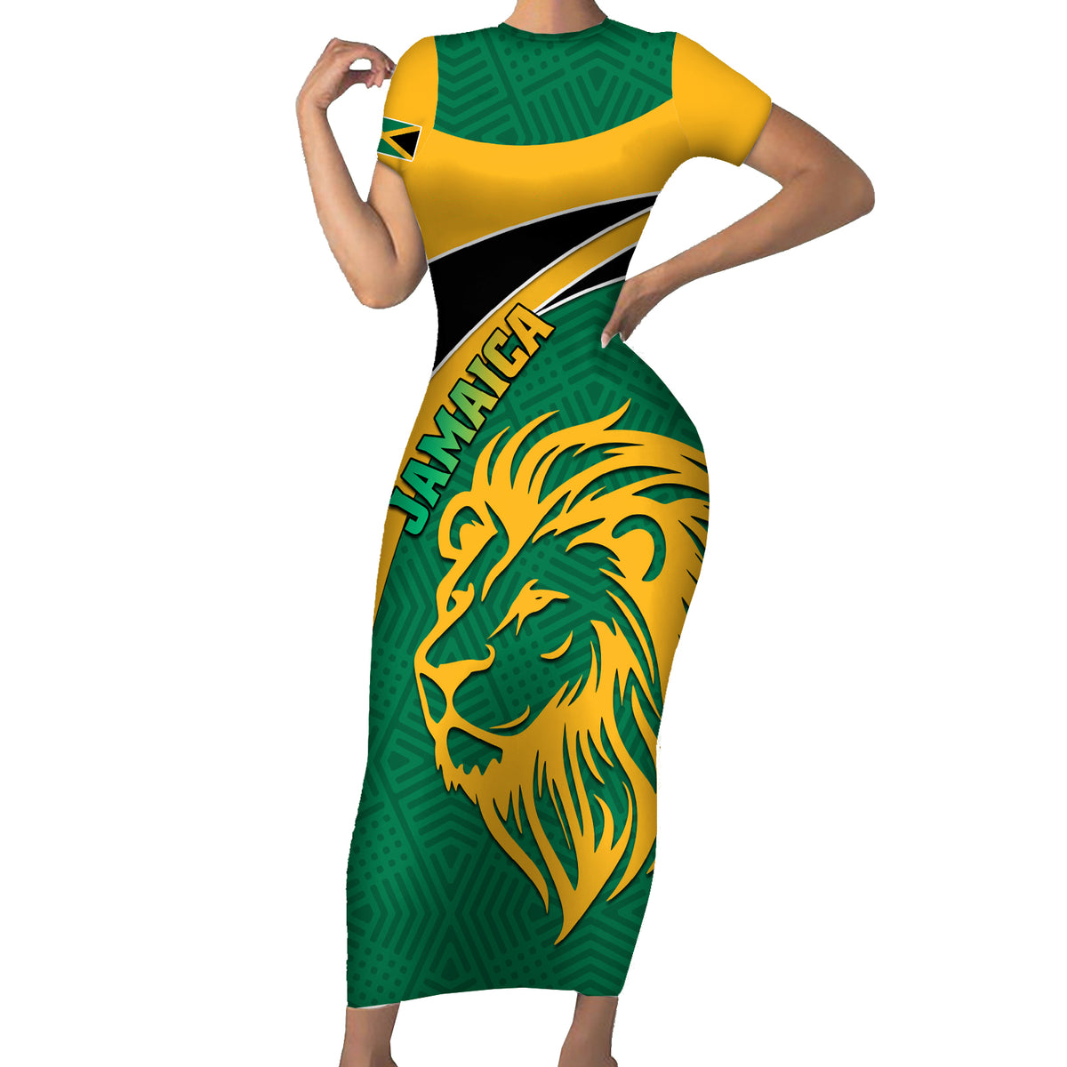 Jamaica Short Sleeve Bodycon Dress Jumieka Lion Mix African Pattern - Wonder Print Shop