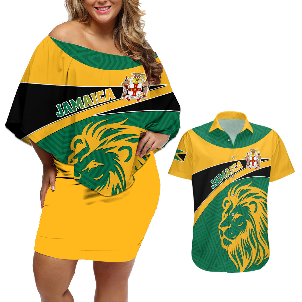 Personalised Jamaica Couples Matching Off Shoulder Short Dress and Hawaiian Shirt Jumieka Lion Mix African Pattern - Wonder Print Shop