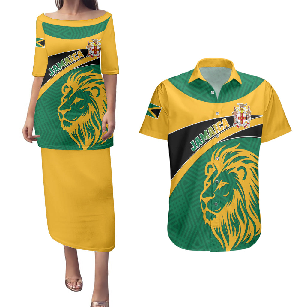 Personalised Jamaica Couples Matching Puletasi Dress and Hawaiian Shirt Jumieka Lion Mix African Pattern - Wonder Print Shop