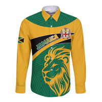 Long-sleeve button shirt in green and yellow with Jamaica lion graphic