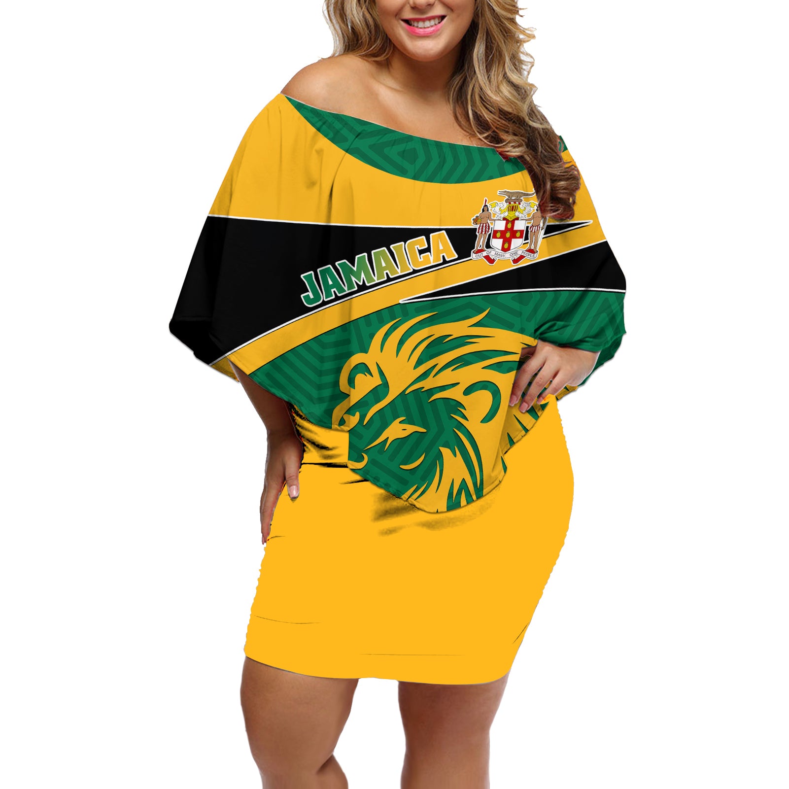 Personalised Jamaica Off Shoulder Short Dress Jumieka Lion Mix African Pattern - Wonder Print Shop