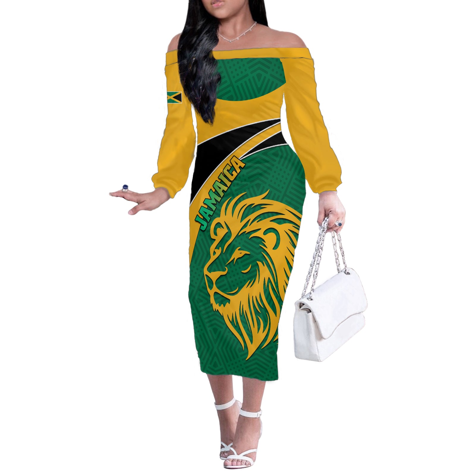 Personalised Jamaica Off The Shoulder Long Sleeve Dress Jumieka Lion Mix African Pattern - Wonder Print Shop
