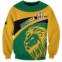 Green and gold unisex sweatshirt with Jamaica lion graphic and patterned paneling