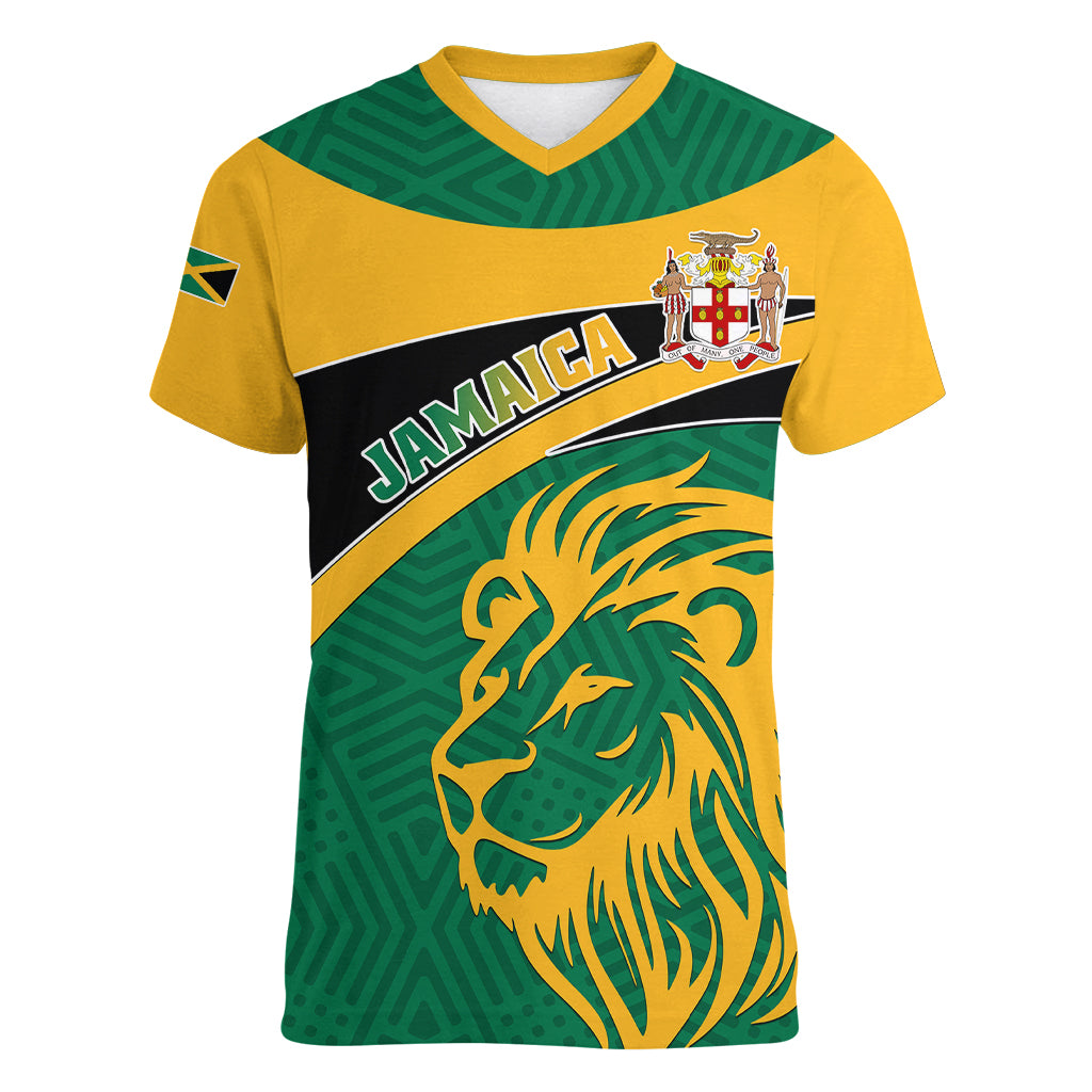 Personalised Jamaica Women V Neck T Shirt Jumieka Lion Mix African Pattern - Wonder Print Shop
