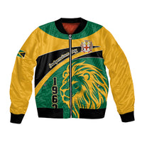 Green yellow unisex bomber jacket with front zip and lion graphic, black trim