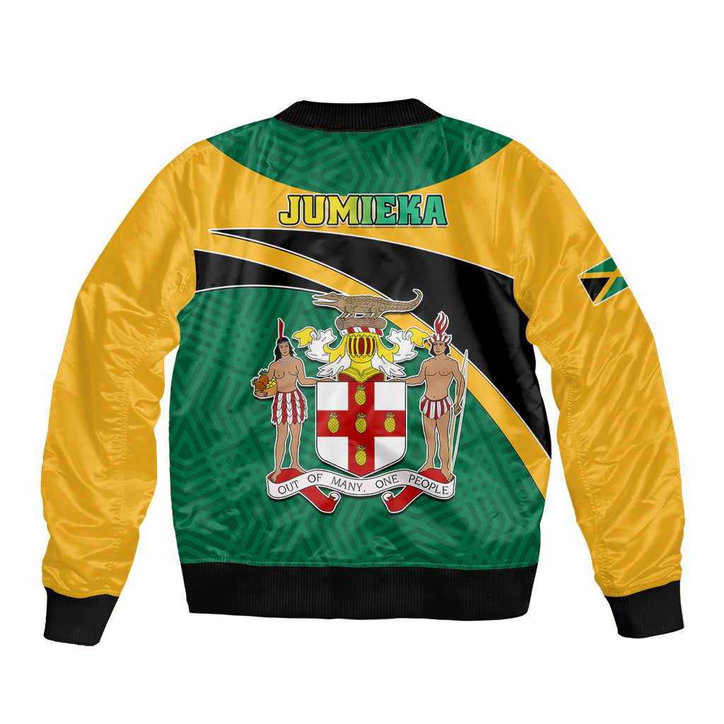 Back of green yellow unisex bomber jacket with JUMIEKA text and lion crest graphic