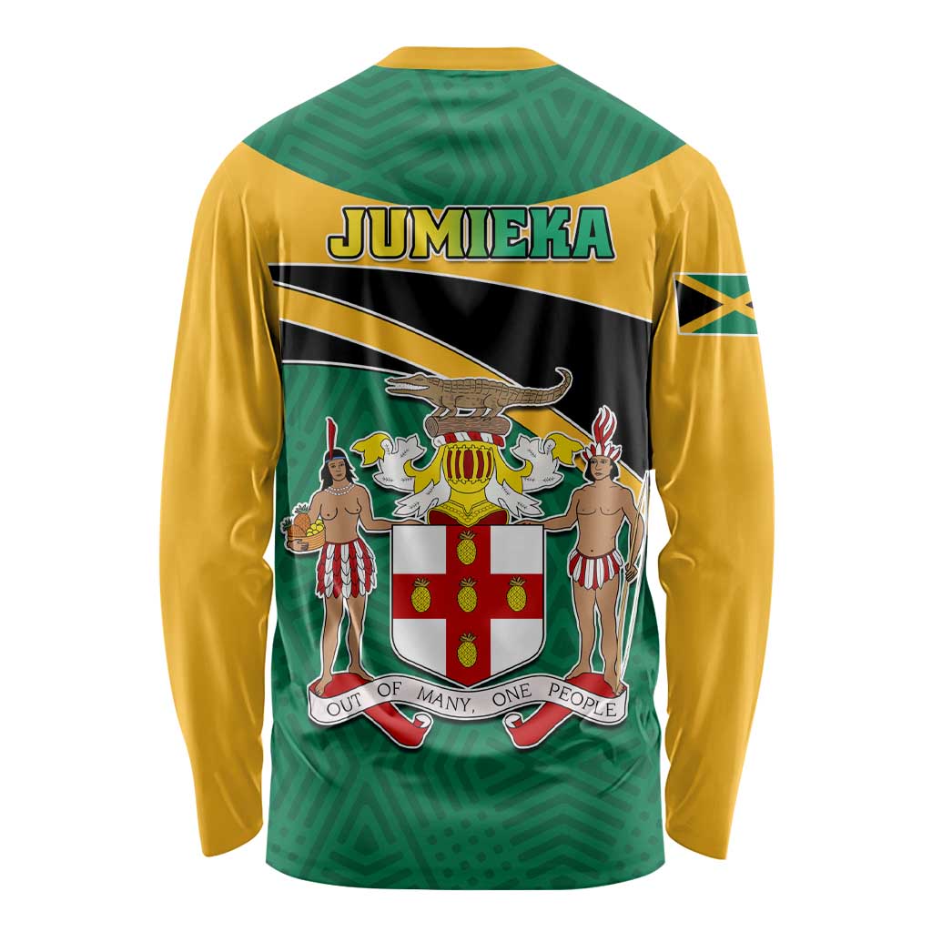 Back of green and gold long-sleeve shirt with JUMIEKA text and coat-of-arms lions