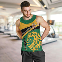 Green men’s tank top worn by model, lion graphic with 1962 text and yellow trim.