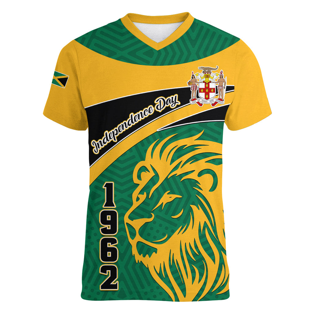 Jamaica Independence Day Women V Neck T Shirt Jumieka Lion Mix African Pattern - Wonder Print Shop