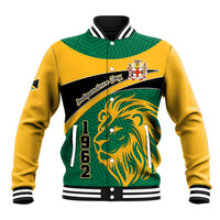 Green and yellow varsity baseball jacket with lion graphic, 1962 text, ribbed collar & cuffs.
