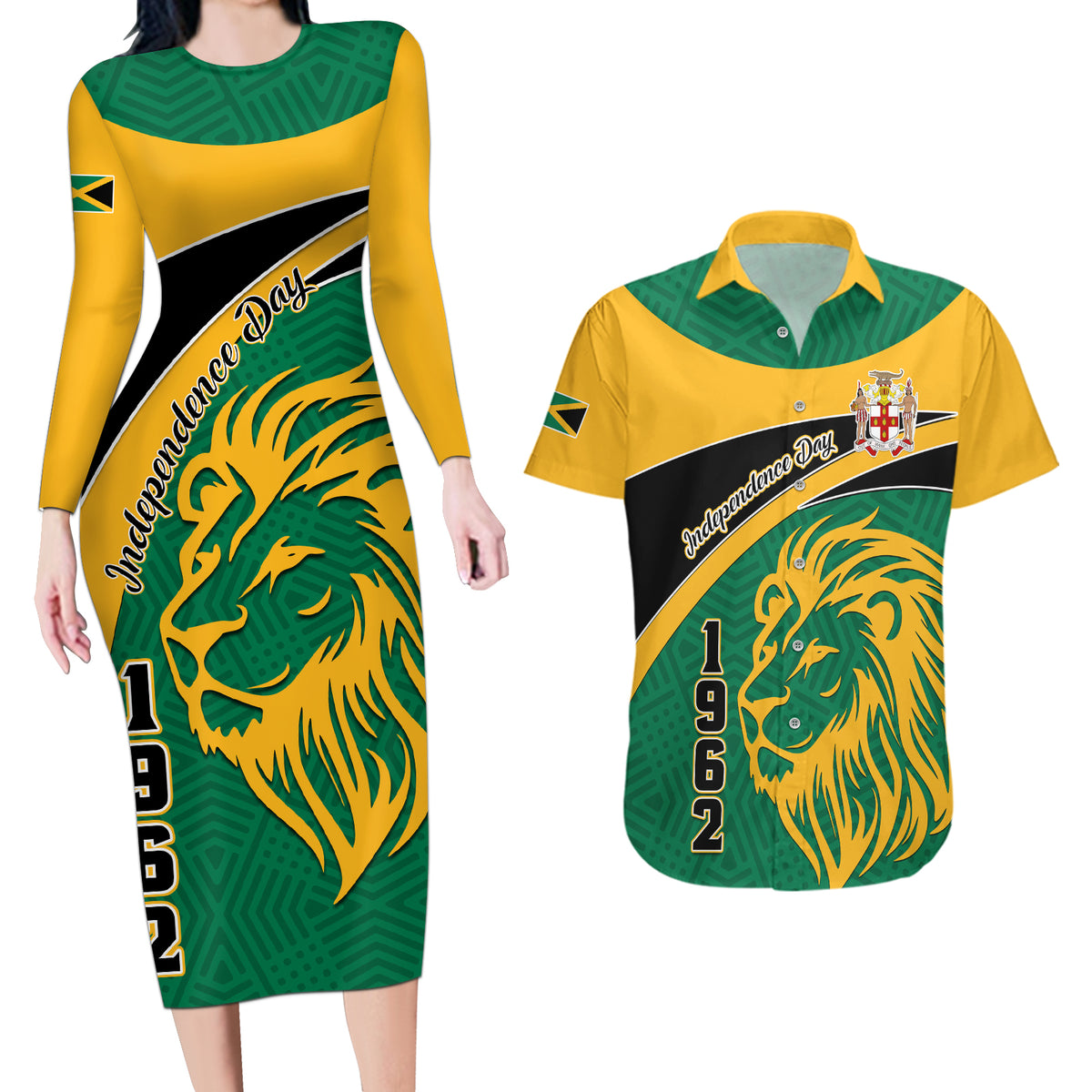 Personalised Jamaica Independence Day Couples Matching Long Sleeve Bodycon Dress and Hawaiian Shirt Jumieka Lion Mix African Pattern - Wonder Print Shop