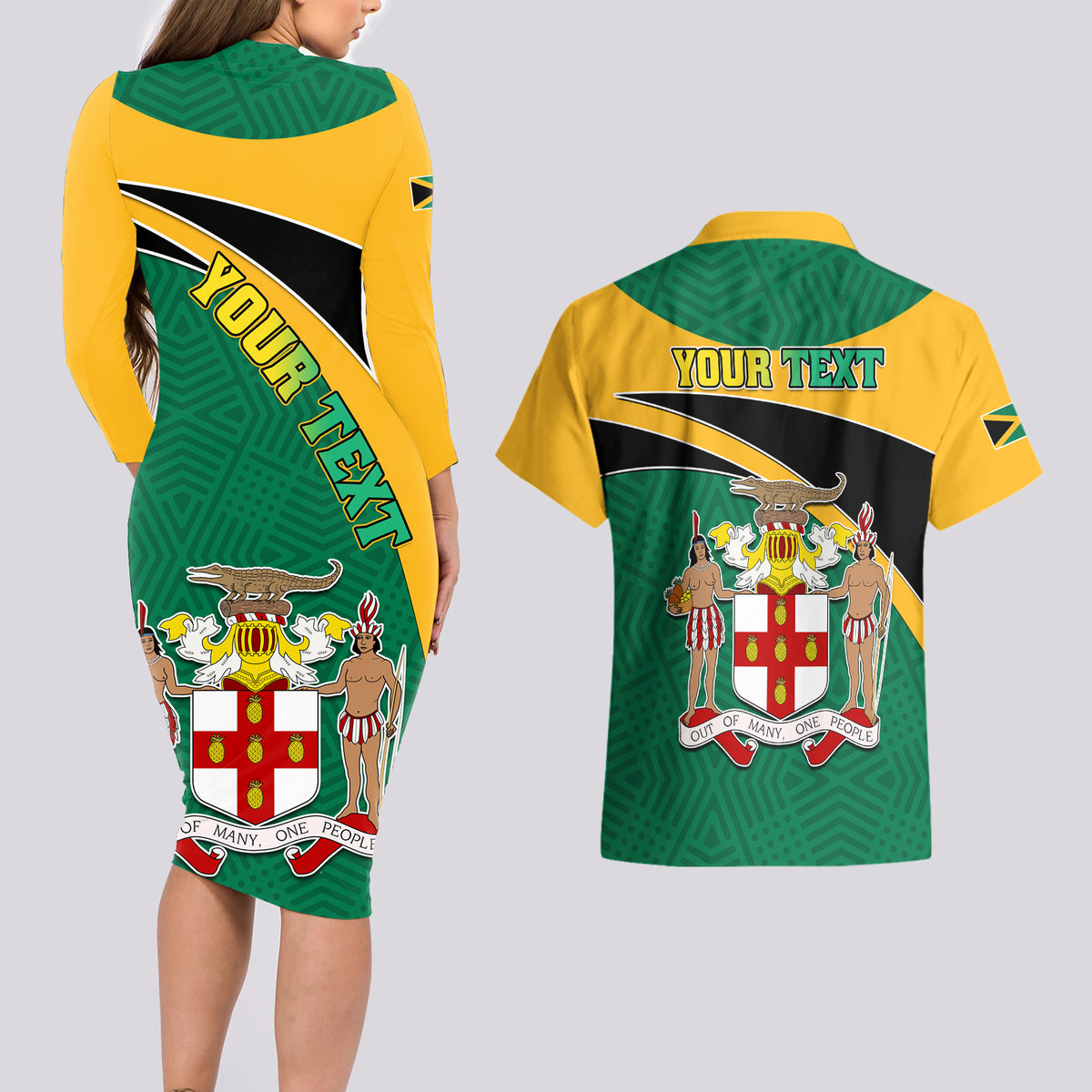 Personalised Jamaica Independence Day Couples Matching Long Sleeve Bodycon Dress and Hawaiian Shirt Jumieka Lion Mix African Pattern - Wonder Print Shop