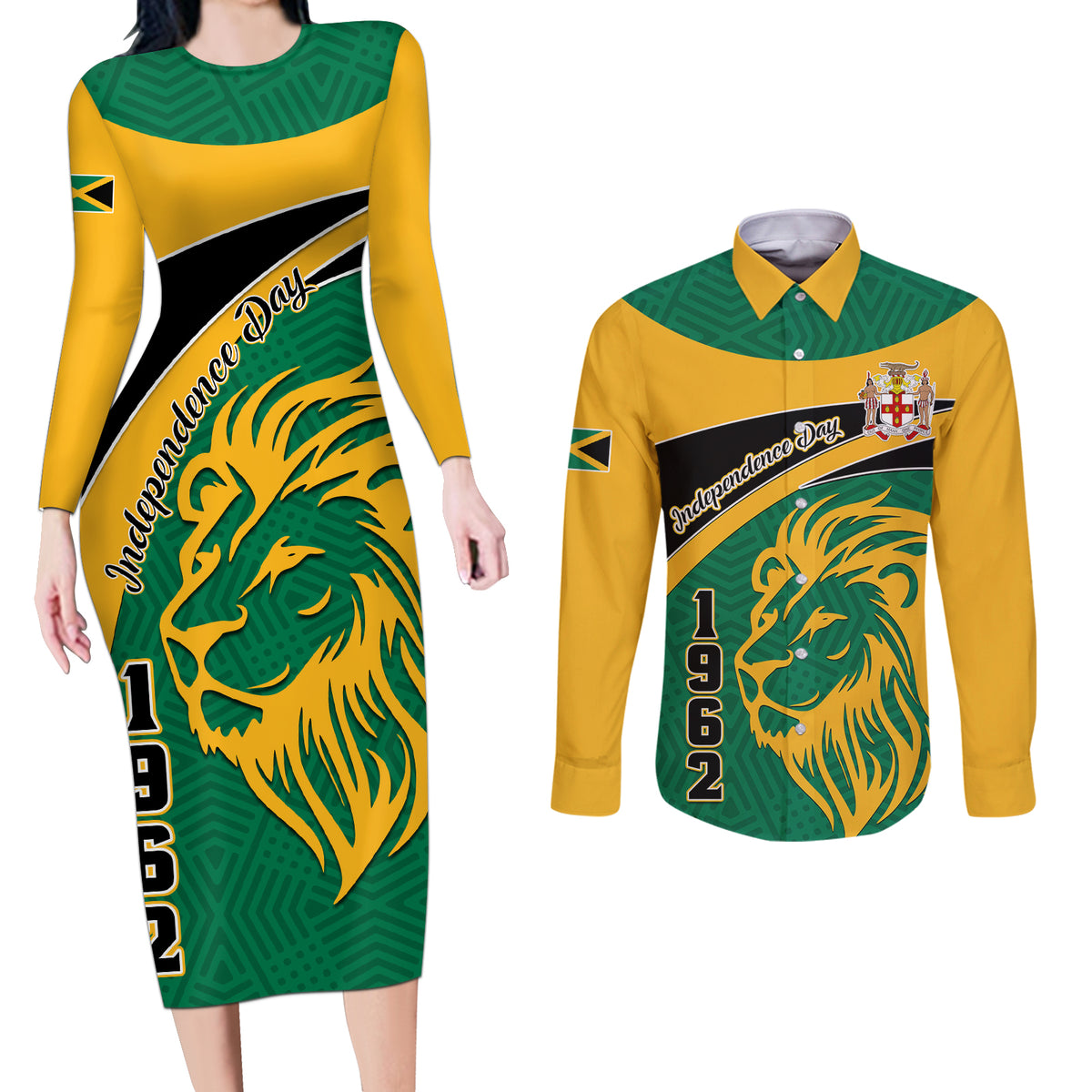 Personalised Jamaica Independence Day Couples Matching Long Sleeve Bodycon Dress and Long Sleeve Button Shirts Jumieka Lion Mix African Pattern - Wonder Print Shop