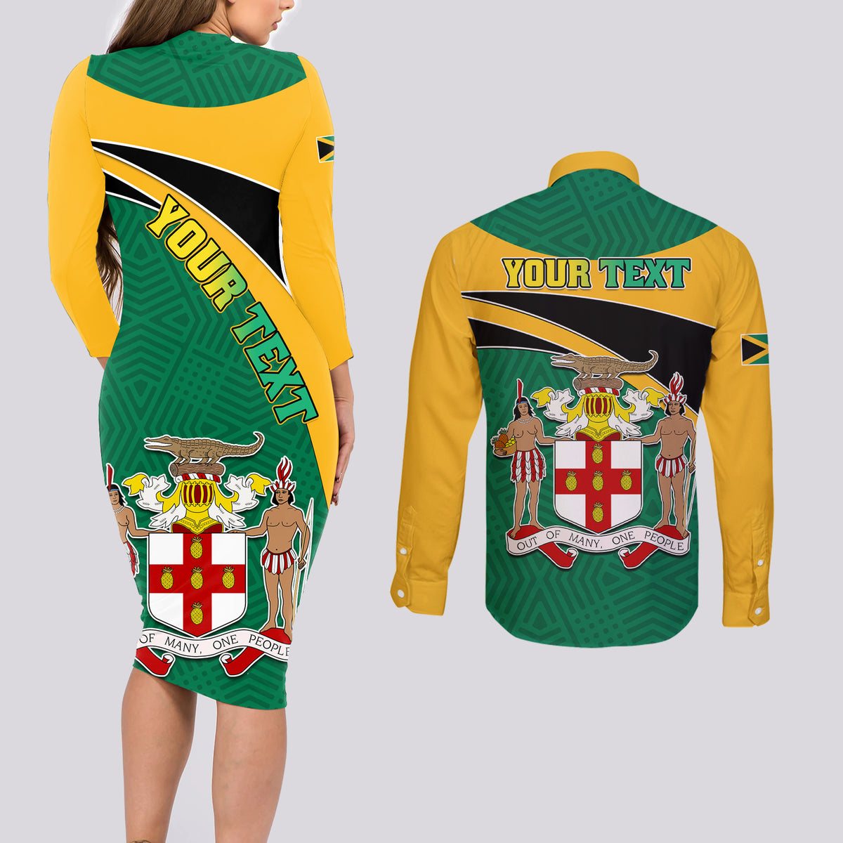 Personalised Jamaica Independence Day Couples Matching Long Sleeve Bodycon Dress and Long Sleeve Button Shirts Jumieka Lion Mix African Pattern - Wonder Print Shop