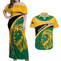 Personalised Jamaica Independence Day Couples Matching Off Shoulder Maxi Dress and Hawaiian Shirt Jumieka Lion Mix African Pattern - Wonder Print Shop