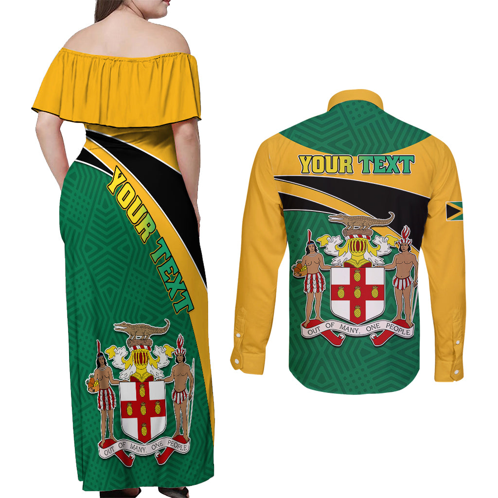 Personalised Jamaica Independence Day Couples Matching Off Shoulder Maxi Dress and Long Sleeve Button Shirts Jumieka Lion Mix African Pattern - Wonder Print Shop