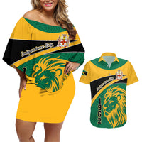 Personalised Jamaica Independence Day Couples Matching Off Shoulder Short Dress and Hawaiian Shirt Jumieka Lion Mix African Pattern - Wonder Print Shop