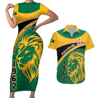 Personalised Jamaica Independence Day Couples Matching Short Sleeve Bodycon Dress and Hawaiian Shirt Jumieka Lion Mix African Pattern - Wonder Print Shop