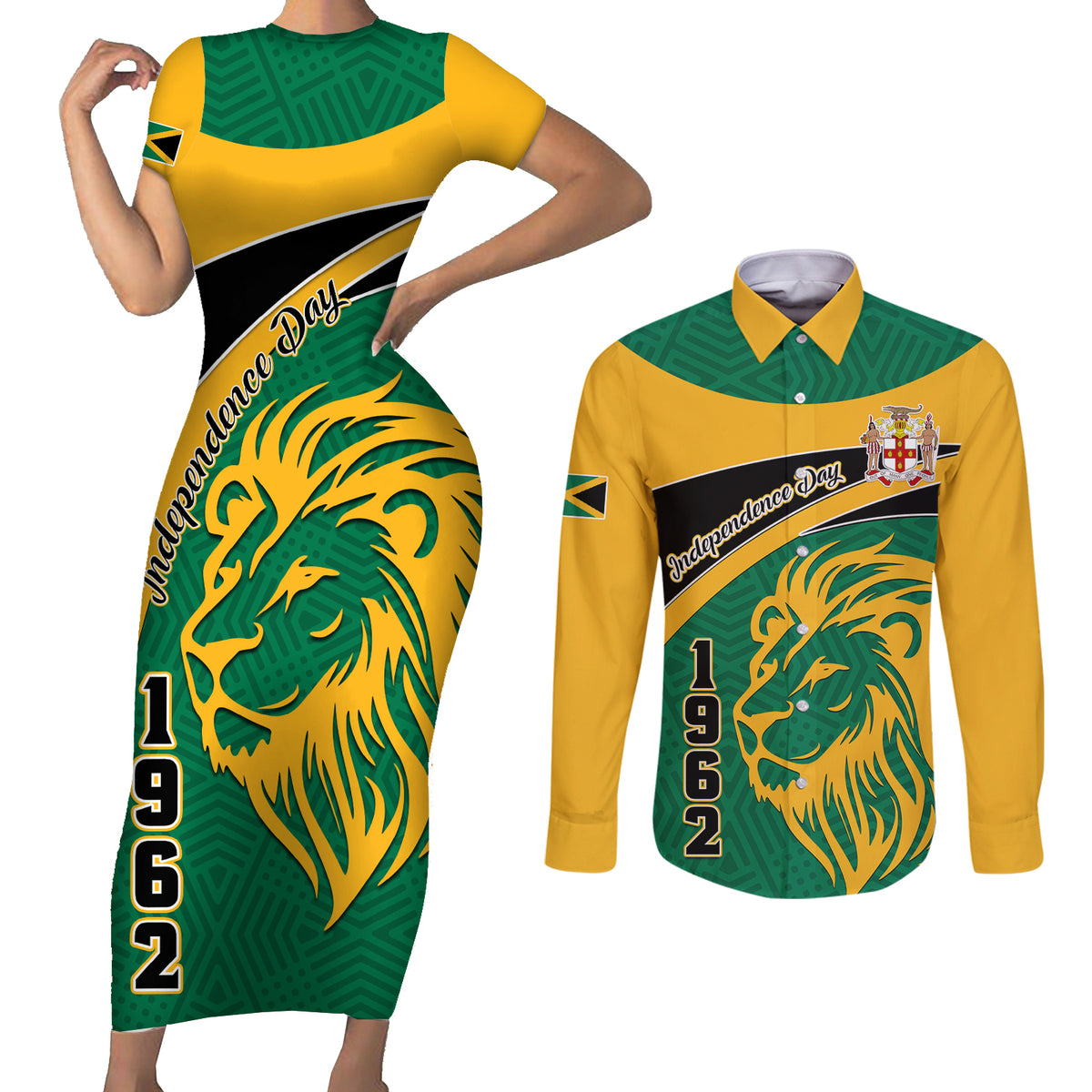 Personalised Jamaica Independence Day Couples Matching Short Sleeve Bodycon Dress and Long Sleeve Button Shirts Jumieka Lion Mix African Pattern - Wonder Print Shop