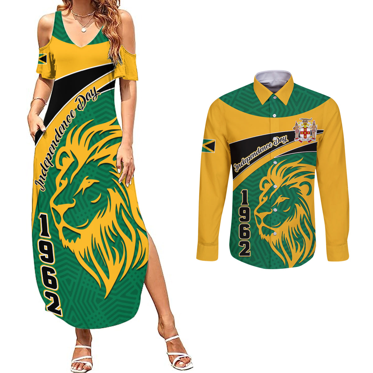Personalised Jamaica Independence Day Couples Matching Summer Maxi Dress and Long Sleeve Button Shirts Jumieka Lion Mix African Pattern - Wonder Print Shop