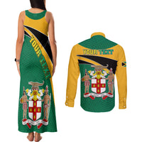 Personalised Jamaica Independence Day Couples Matching Tank Maxi Dress and Long Sleeve Button Shirts Jumieka Lion Mix African Pattern - Wonder Print Shop