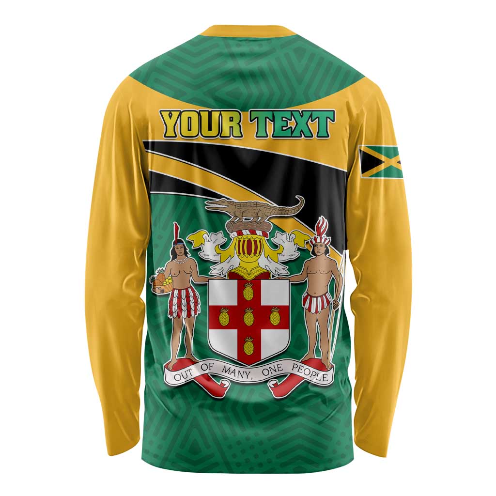 Jamaica Independence Day long sleeve shirt, green and gold, back crest with YOUR TEXT