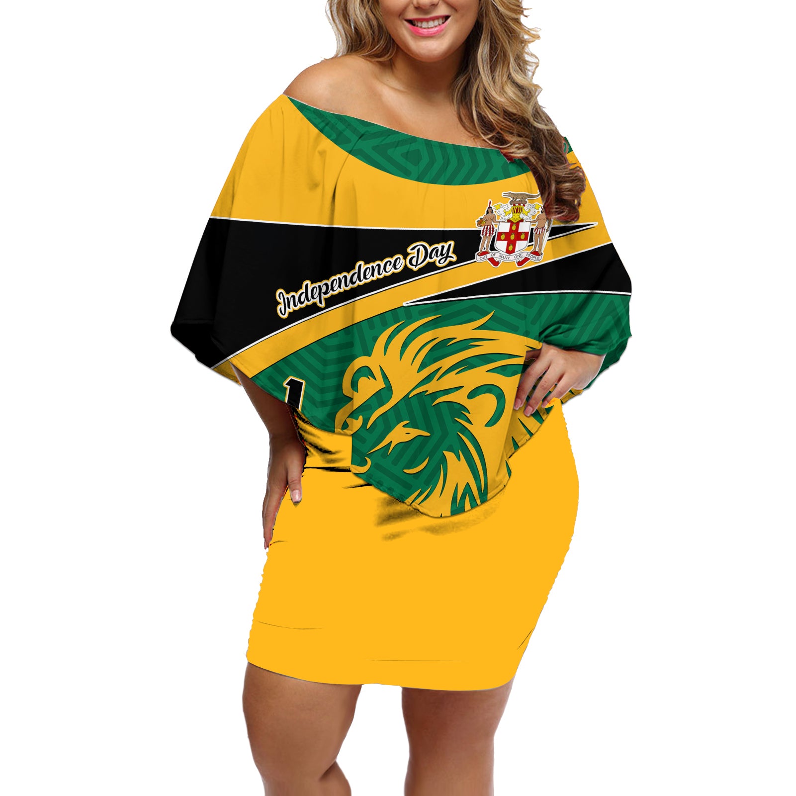 Personalised Jamaica Independence Day Off Shoulder Short Dress Jumieka Lion Mix African Pattern - Wonder Print Shop