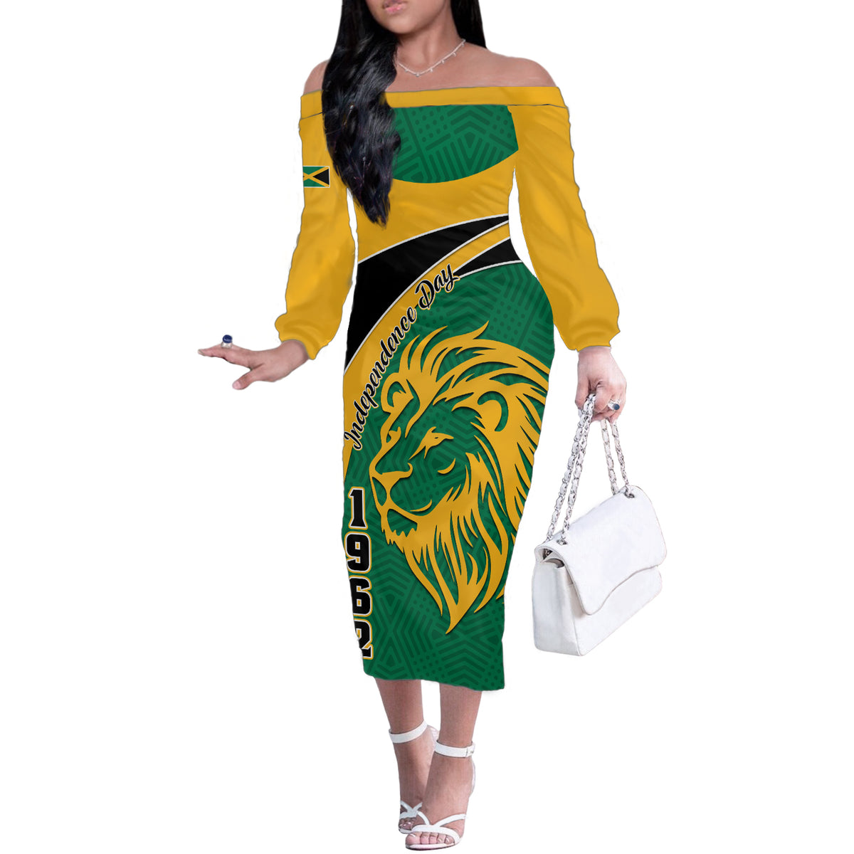 Personalised Jamaica Independence Day Off The Shoulder Long Sleeve Dress Jumieka Lion Mix African Pattern - Wonder Print Shop