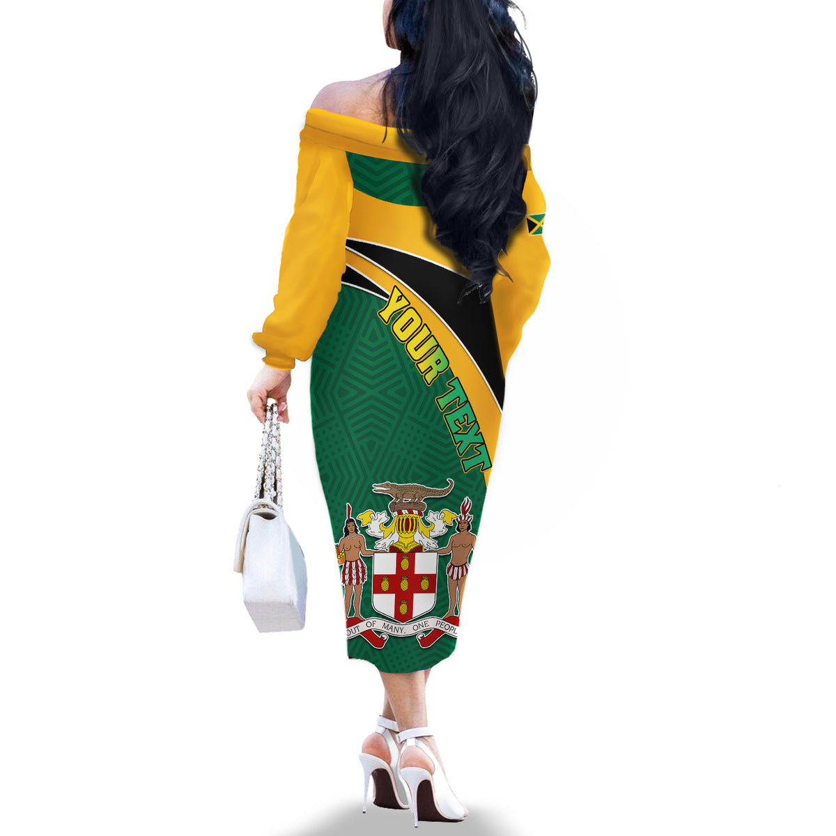 Personalised Jamaica Independence Day Off The Shoulder Long Sleeve Dress Jumieka Lion Mix African Pattern - Wonder Print Shop