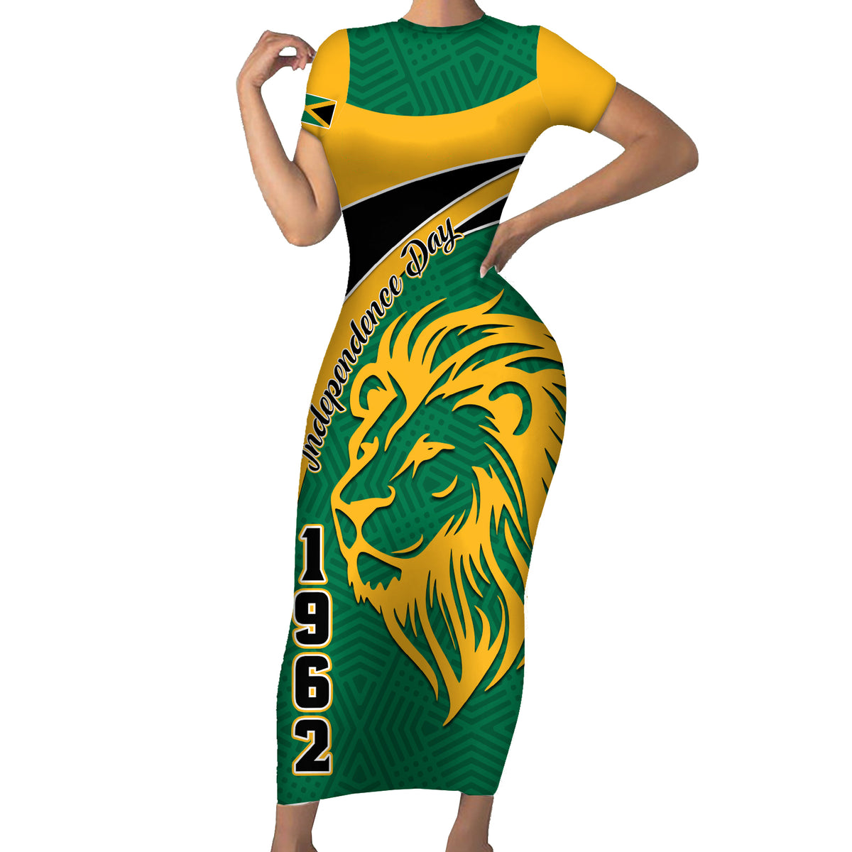 Personalised Jamaica Independence Day Short Sleeve Bodycon Dress Jumieka Lion Mix African Pattern - Wonder Print Shop